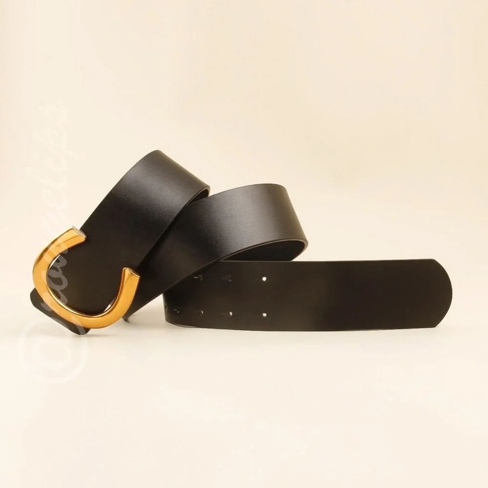 PU Wide Black Belt Gold Tone Horseshoe Buckle